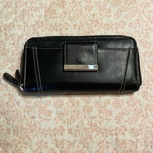 Black faux leather vintage wallet- 2 zippered compartments, lots of storage.